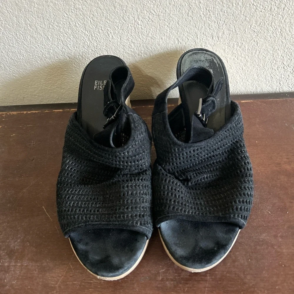Eileen Fisher Women's Aura Slingback Espadrille Wedge Black Leather Twine Sz 9.5